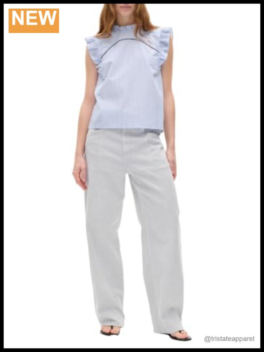 Straight Fit Cotton Blouse Ruffled Neckline Sleeveless